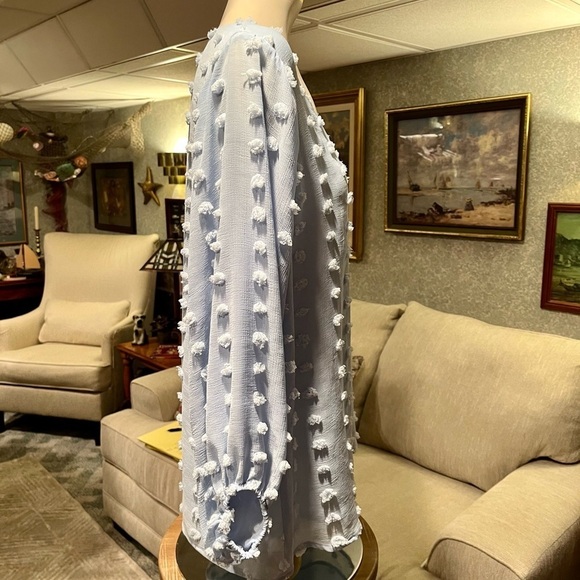 KORI AMERICA Women's S Light Blue Distressed Pom Pom Fringe LS Tunic‎ Blouse - Picture 3 of 12